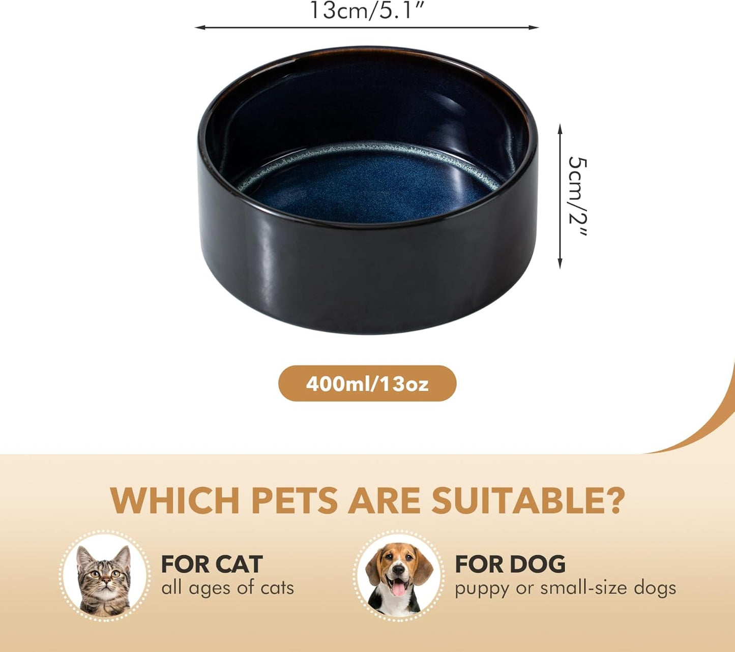 Ceramic 5.1inch Set of 2 Dog and Cat Bowls for Puppy, Kitty, Cats, 2pcs Anti-Slip Food and Water Pet Feeder(2 Bowls, Starry Sky)
