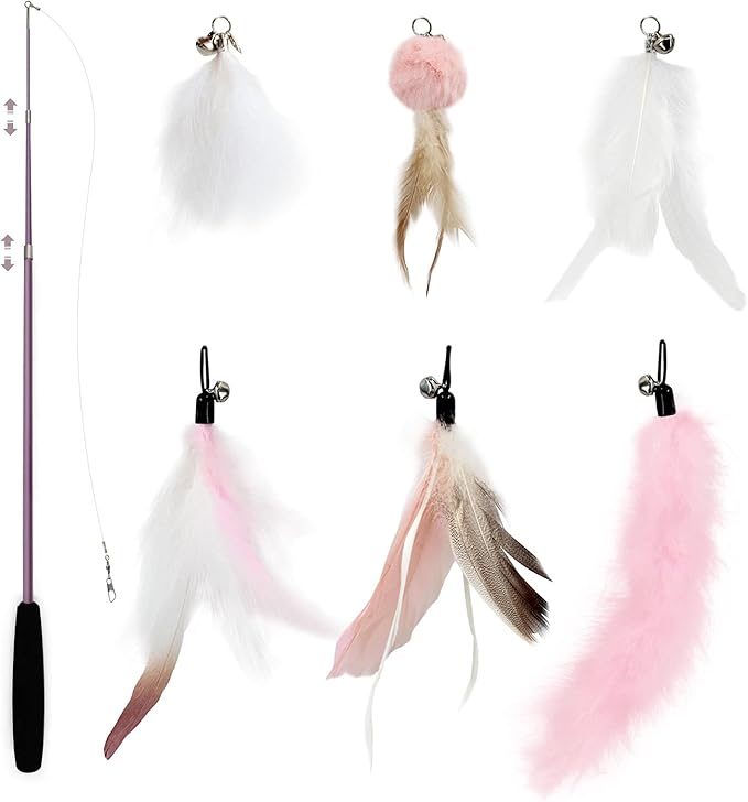 SONGWAY Interactive Cat Feather Toy Set - Retractable Teaser Wand with 6 Pcs Feather Refills with Bell, Cat Wand Toys for Indoor Cats Kittens Play Chase Exercise, Light Pink
