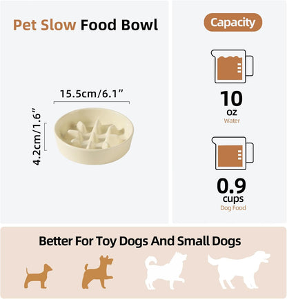 Ceramic 0.9 Cup Dog Bowl Slow Feeder, 6.1inch Slow Pet Food Dish for Small Dog and Cat, Stop Bloat, Preventing Choking(Single Bowl, Beige)
