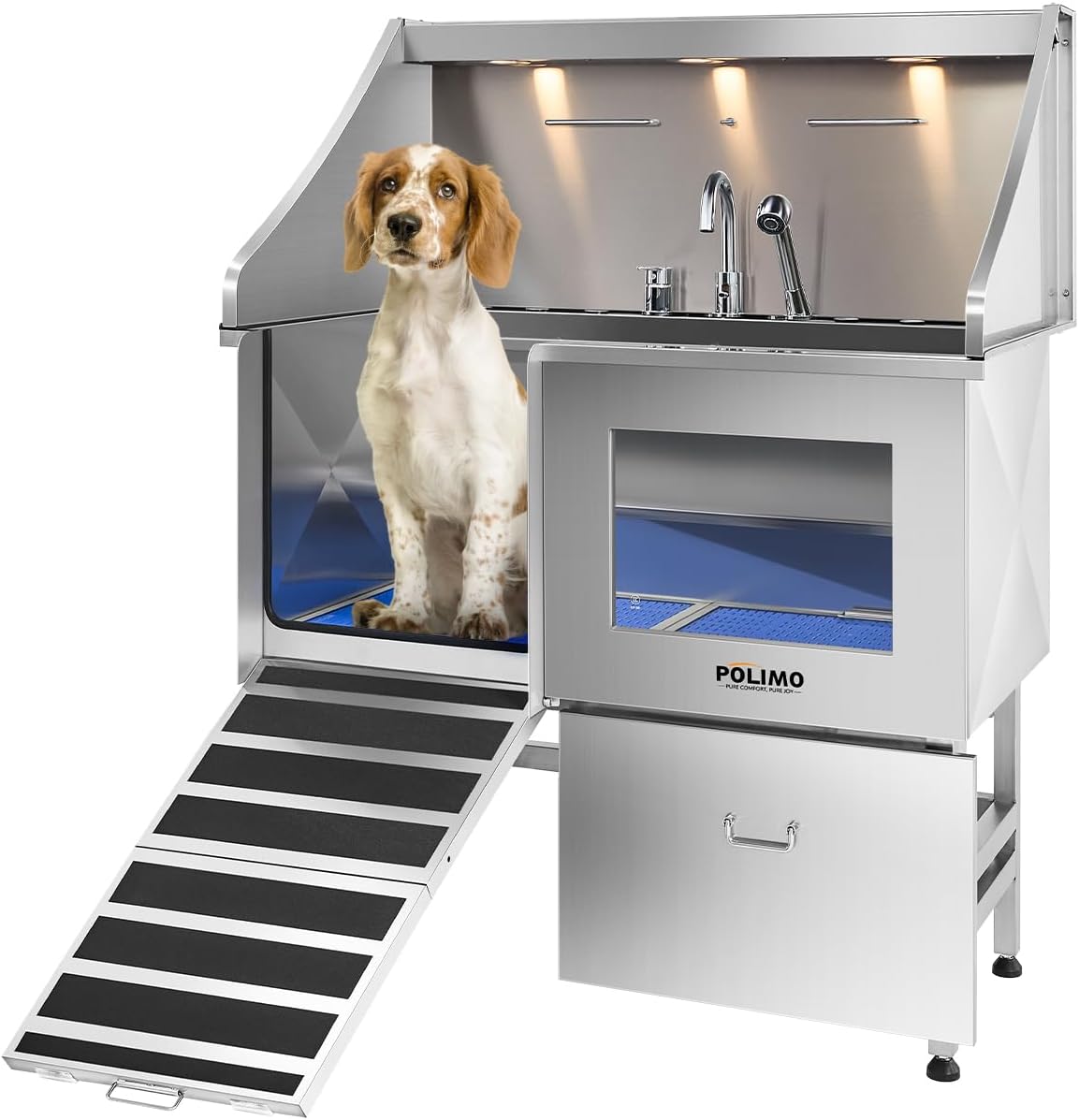 POLIMO Dog Washing Station, LED Professional Stainless Steel Dog Bathing Station 38", Dog Grooming Tub for Large, Medium & Small Dog - with Window, Ramp, Drawer, Floor Grate & Faucet (Left Ramp, 38")
