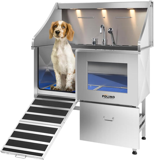 POLIMO Dog Washing Station, LED Professional Stainless Steel Dog Bathing Station 38", Dog Grooming Tub for Large, Medium & Small Dog - with Window, Ramp, Drawer, Floor Grate & Faucet (Left Ramp, 38")