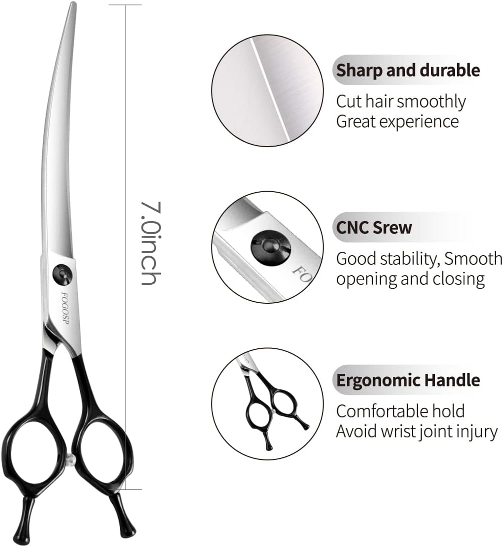 Curved Dog Grooming Scissors Professional 7" Grooming Shears for Dogs Pet Right Handed Groomer Japan 440C Stainless Steel (7 in Curved, Black)