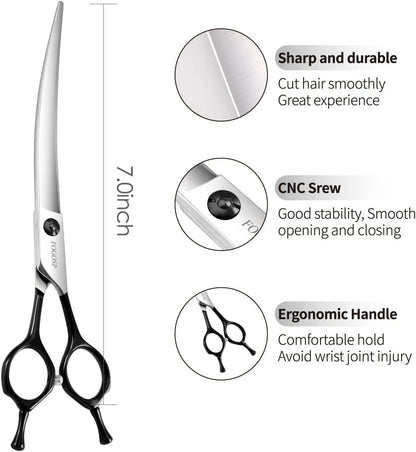 Curved Dog Grooming Scissors Professional 7" Grooming Shears for Dogs Pet Right Handed Groomer Japan 440C Stainless Steel (7 in Curved, Black)