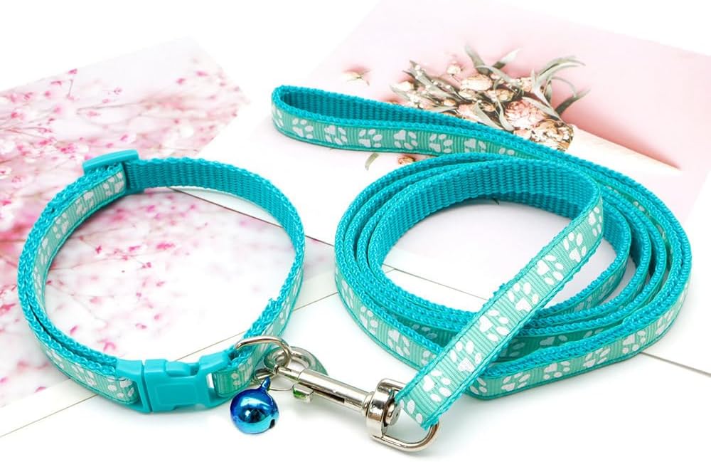 Puppy Collar with Bell Leash Set, Nylon Basic Reflective Girl Dog Collar Paw Print for XXS Xs Small Cat Pet Animal Litter Tiny Kitten,Mint Green