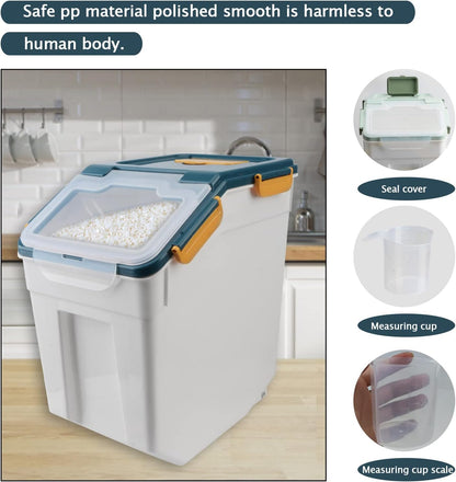 2 Pack Rice Storage Container 25 lbs, Airtight Flour Storage Containers with Wheels Seal Locking Lid, BPA Free, Rice Bin with Measuring Cup & Scoop for Flour, Sugar, Cereal (Blue)