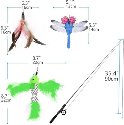 Pawaboo Cat Feather Toys, 4 Pack Interactive Teaser Wand, Retractable Fishing Pole Catcher Exerciser With Refill Fish, Dragonfly Worm With Bells, Fun Kitten Kitty Playing Toy