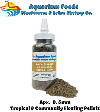 Aquatic Foods Inc. 0.5mm Tropical & Community Fish High Protein Micro Floating Pellets for Baby Cichlids, Bettas, Tetras, Guppies, Baby Koi & Pond Fish…2.5oz Squeeze Bottle