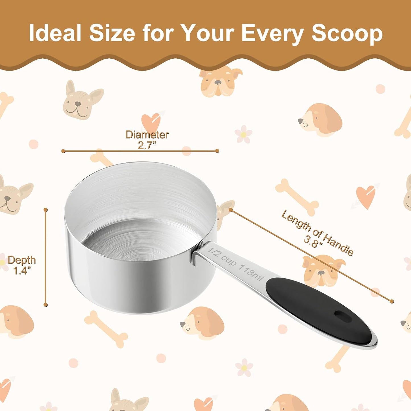 1/2 Cup Dog Food Scoop, Stainless Steel Scooper for Feeding Pet, Cat, Dog, Rabbit, Bird, Long Handle, Dishwasher Safe