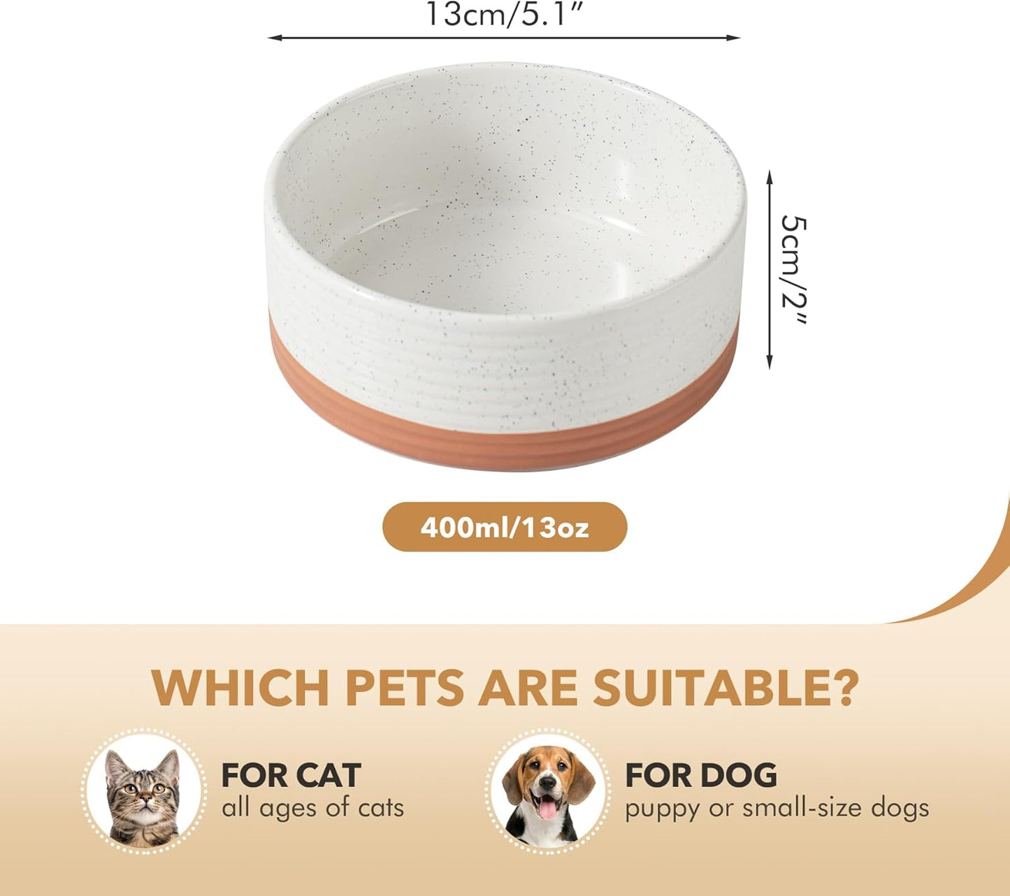 Ceramic 5.1inch Set of 2 Dog and Cat Bowls for Puppy, Kitty, Cats, 2pcs Anti-Slip Food and Water Pet Feeder(2 Bowls, Vanilla White)
