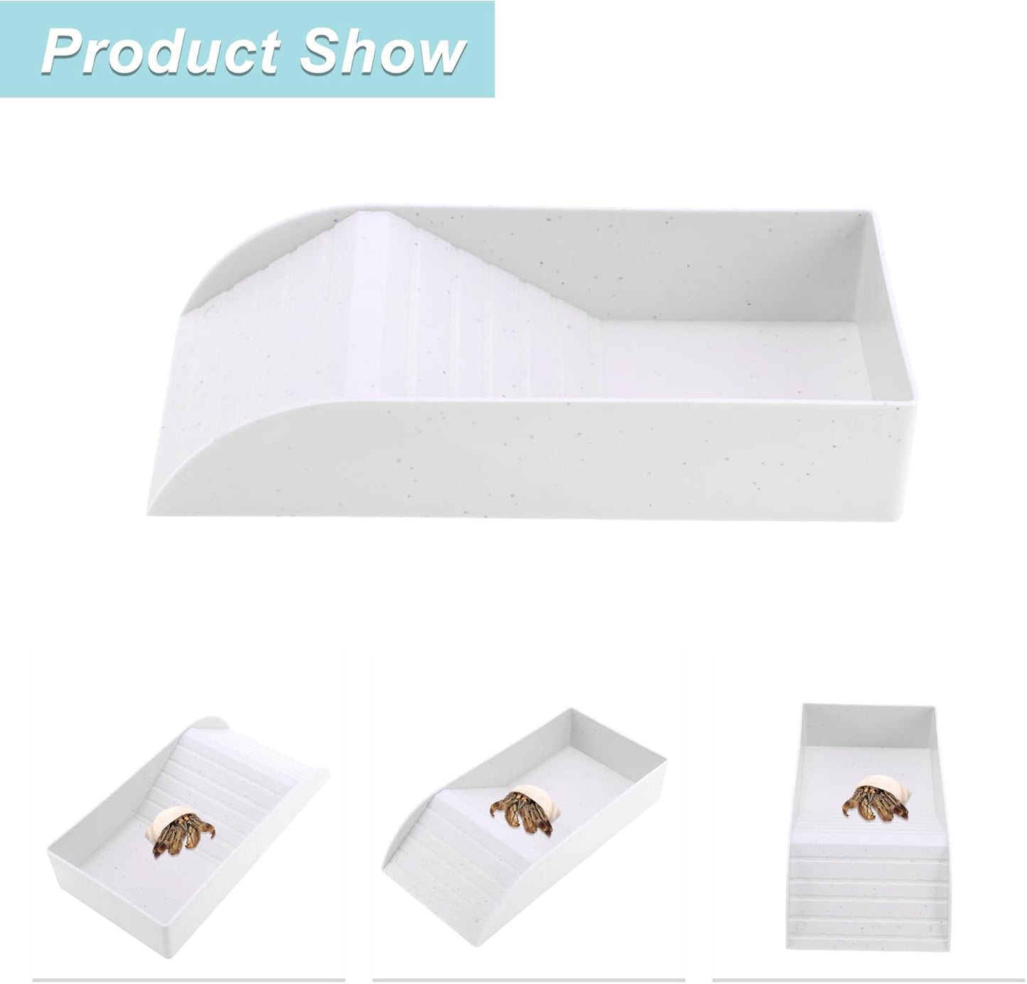 Tortoise Food Dish with Ramp, Plastic Reptile Water Bowl, Tortoise Water Pool, Reptile Climbing Ramp for Turtles Lizards, 13.98"x7.87"x2.36", White