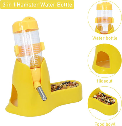 3 in 1 Hamster Hanging Water Bottle Pet Auto Dispenser with Base for Dwarf Hamster Mouse Rat Hedgehog (80ML, Yellow)