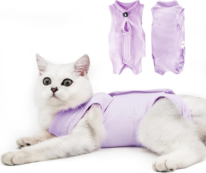 Cat Recovery Suit for Male and Female Surgical Post Surgery Soft Cone Onesie Shirt Clothes Neuter Licking Protective Diapers Outfit Cover Kitten Spay Collar(L, Purple)