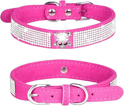 Rhinestone Dog Collar, Cute Dazzling Sparkling Soft Suede Leather Adjustable Pet Dog Cat Collar Crystal Diamond for Puppy Small Medium Large Dogs (XS:21-26cm, Hot Pink-5)