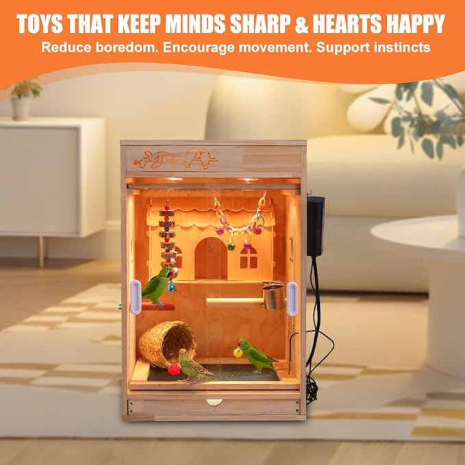 Large Bird Cage with Heater and Thermosta, Bird House Incubator, Bird Nesting Box, Birdcage Accessories, Wooden Birdhouse kit for Parrot Parakeet Cockatiel Lovebirds Budgie Finch Parrotlets Canary