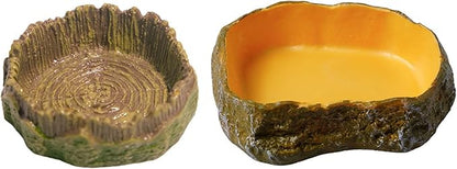 2 Pack Reptile Food and Water Bowls, Resin Simulation Feeding Dishes for Lizards Snakes Tortoises, Terrarium Decorative Landscape Bowls