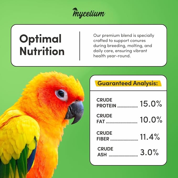 Mycelium Conure Feed (5 LB Bag) | Certified Organic, Non‑GMO Conure Food | Natural, Filler‑Free Bird Seed with Hulled Grains | Supports Brain, Heart & Digestive Health | Made in USA