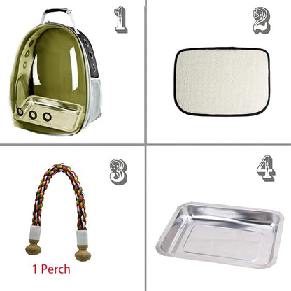 halinfer Bird Traval Carrier Cage, Polarized Tinted Brown Space Capsule Astronaut Backpack to Carry Parakeet Cockatiel Parrot with Metal Tray Wood Perch, Vet Transport Bag