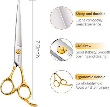 Professional Dog Grooming Scissors Straight 7" Pet Grooming Shears for Cutting Small Dogs Cat Thick Hair Japan 440C Stainless Steel Right Handed(7 in Straight, Gold)