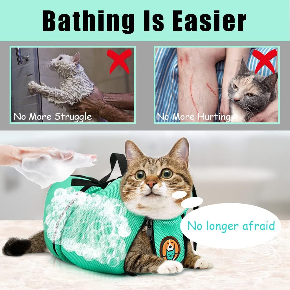 AWOOF Cat Grooming Bag Adjustable Cat Bathing Bag Anti Scratch Bite Polyester Soft Durable Mesh Cat Shower Bag for Small Medium Large Cats