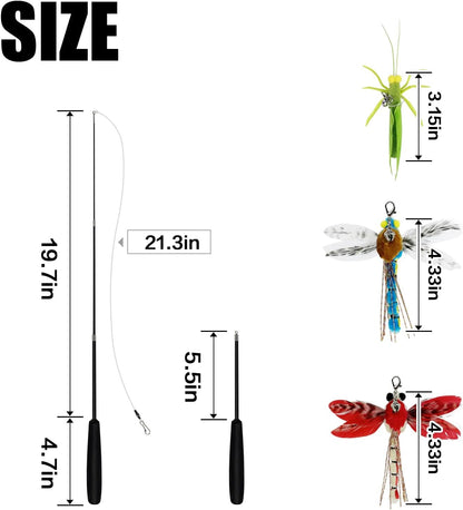 TTcat Cat Feather Wand Toys,Retractable Wand Toy with 3 Simulation Insects Dragonfly Grasshopper Refills,Interactive Cat Toy Kitten Toy for Indoor Cats to Play Chase Exercis.