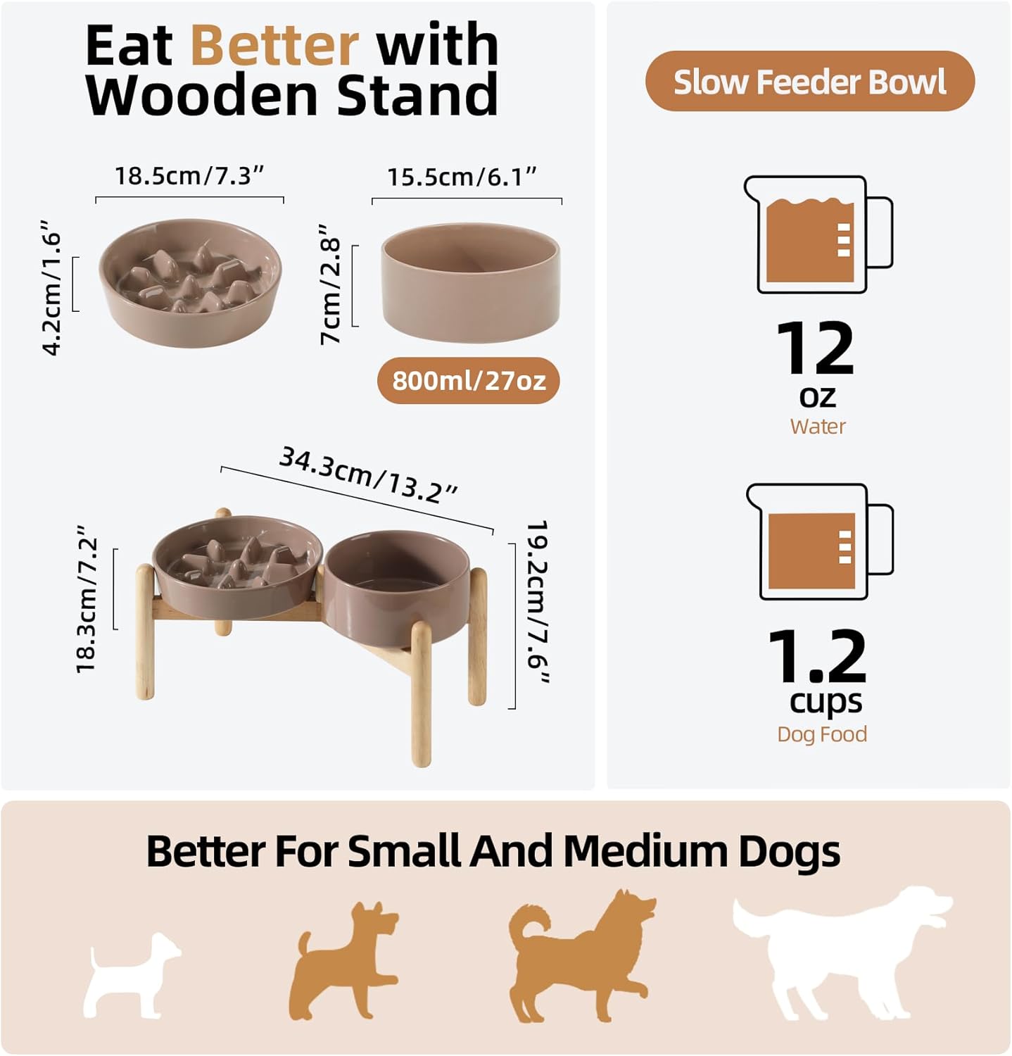 Ceramic 1.2 Cup Raised Slow Feeder Dog Bowl Set, Elevated 6.1inch Bowl and 7.3inch Slow Pet Food Dish with Wooden Stand for Small and Medium Dog (2 x Brown Coffee+ Stand)