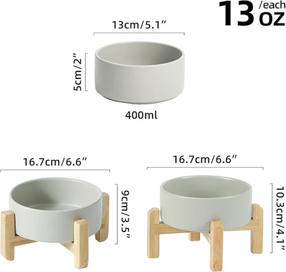 Ceramic Raised Dog and Cat Bowl Set, 2 Heights Elevated Stand, Food and Water Bowl for Small Breed Dogs, Cats, Kitty, Weighted Dog Dishes, Pet Bowls(5.1'',13.5oz, Grey)