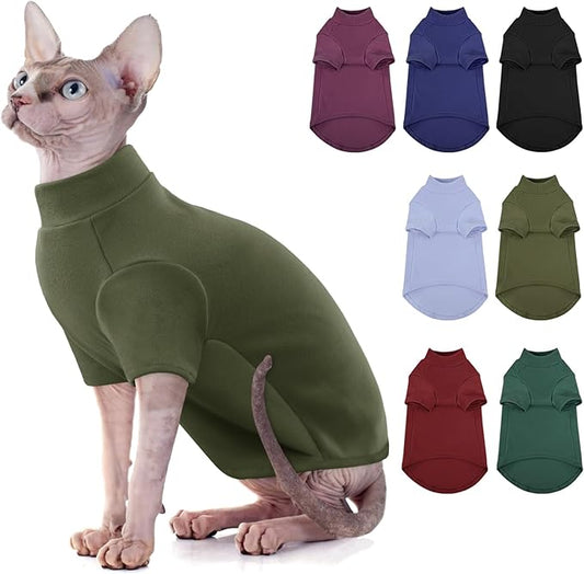 SUNFURA Turtleneck Sweater for Cat, Sphynx Cats Shirt Hairless Cat Sweaters with Sleeves, Warm and Soft Kitten Pullover Fleece Winter Pajamas Jumpsuit for Puppy Cats, ArmyGreen S