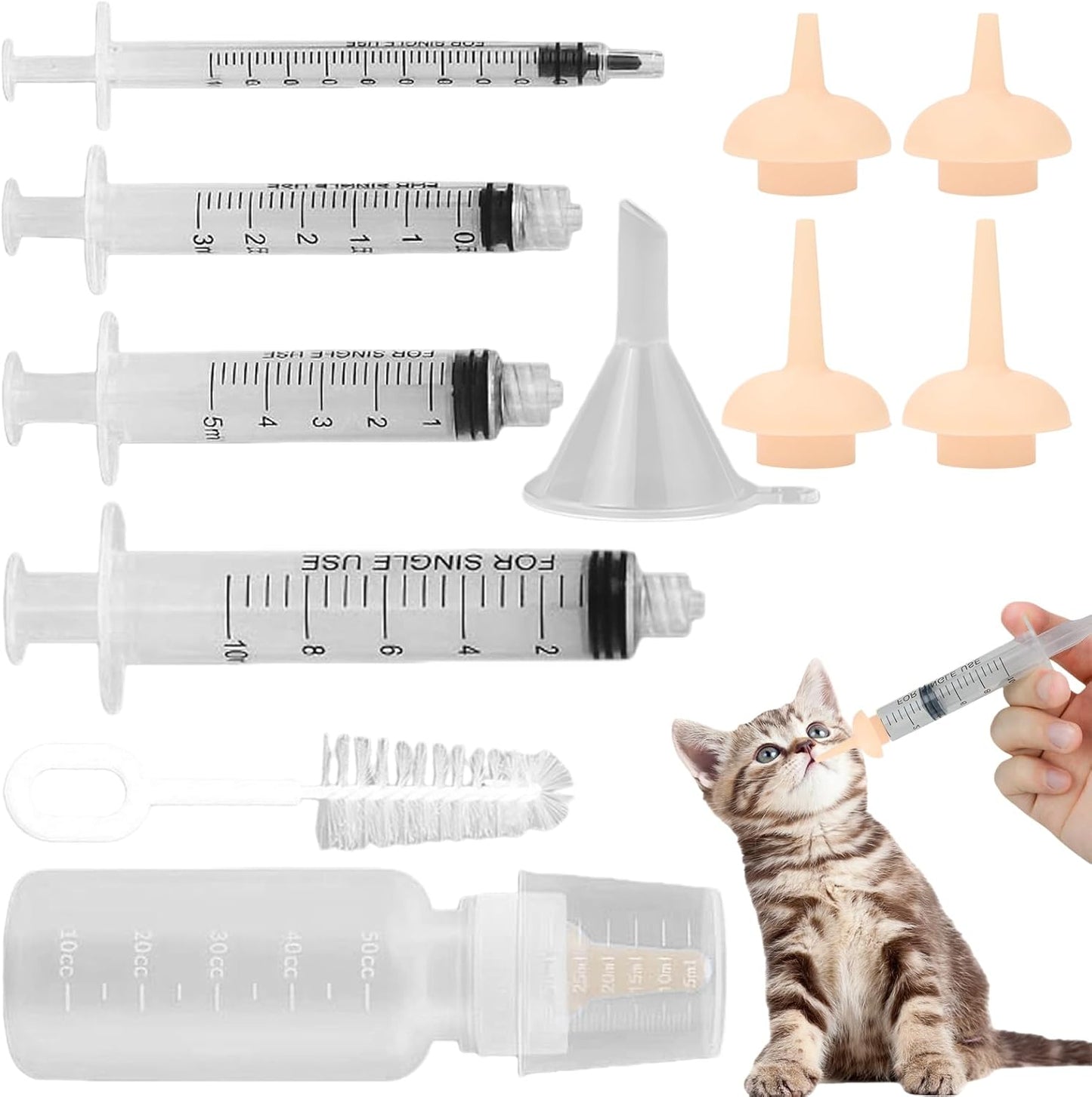 Pet Feeding Syringe with Nipple, Silicone Feeding Tools for Kitten Puppy Feeding Syringe for Newborn Cat Dog Small Animals Rabbits (4 syringe+ 1 bottle+1 brush)