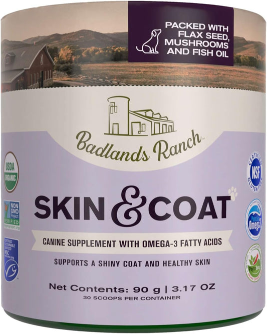 Badlands Ranch - Skin & Coat Canine Supplement w/Omega-3 Fatty Acids, Org. Ingredients, Antioxidant Topper, Nourish Coat &Paws, Joint, Support Shiny Coat & Healthy Skin by Katherine Heigl (30 Scoops)