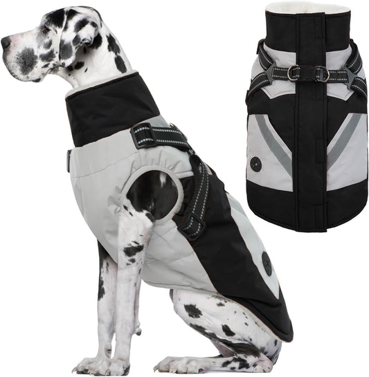 IECOii Large Dog Coat with Harness Built in,Reflective Waterproof Dog Coat for Giant Breeds - Zip Up Fleece Jacket for Dogs,Great Dane Winter Coats Warm Snowsuit for Cold Weather, Black, 4XL