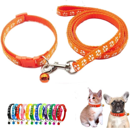 Bell Collar for Small Dogs Leash Set, Nylon Basic Reflective Girl Dog Collar Paw Print for XXS Xs Small Cat Puppy Pet Animal Litter Tiny Kitten, Orange