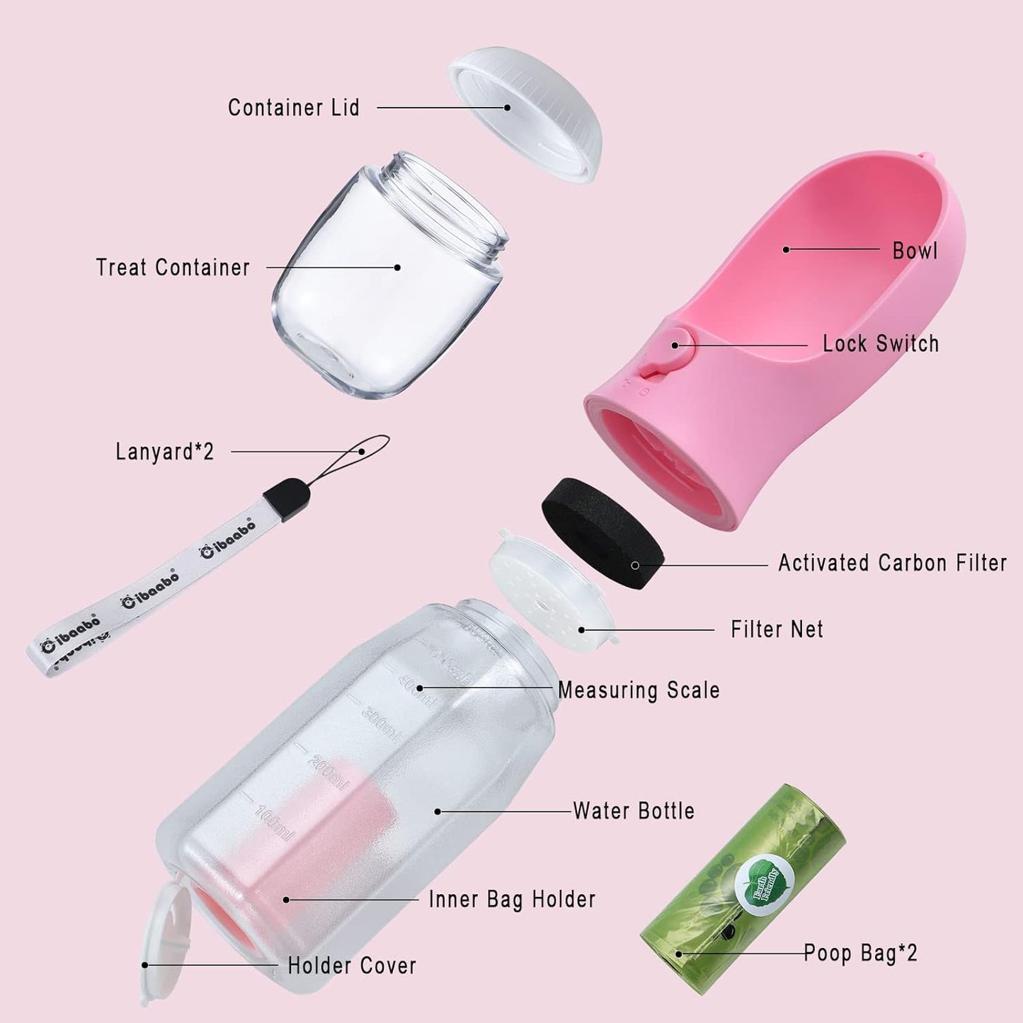 Dog Water Bottle with Food Container & Poop Bag Holder, Travel Water Bowl, Portable Pet Dispenser, Dog Gifts Stuff Accessories Items, Puppy Essentials for Yorkie Chihuahua Walking Hiking