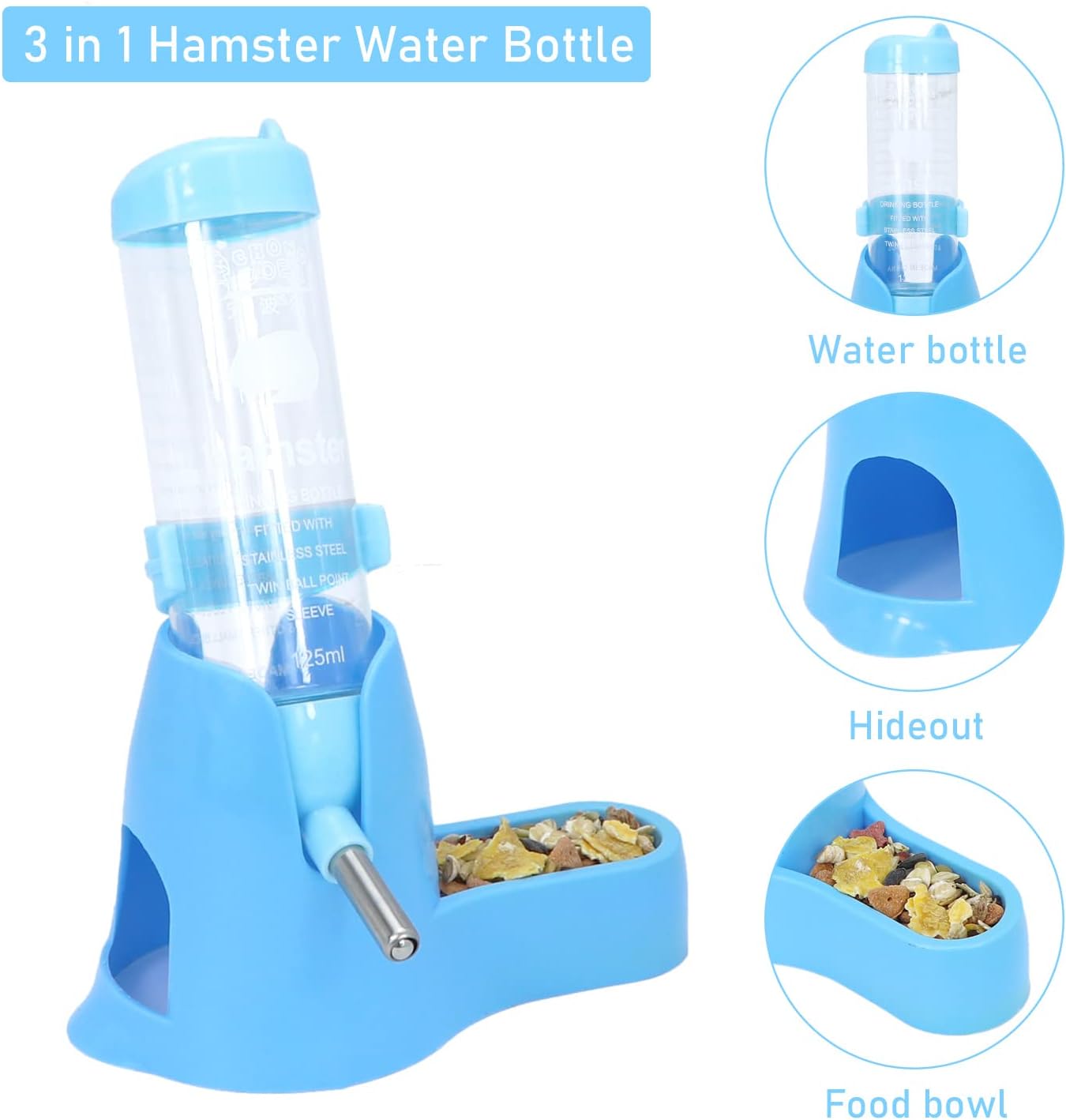 Wontee 3 in 1 Hamster Water Bottle Small Pet Automatic Water Dispenser with Food Container Base Hideout for Dwarf Hamster Mice Gerbils, 2 Pack (Blue, 125ML)