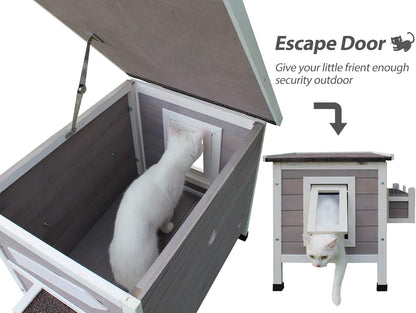 Rockever Outdoor Cat House, Large Outdoor Houses for Feral Cats with Self-Warming Mat Wooden Outside Cat Shelter Weatherproof with Escape Door