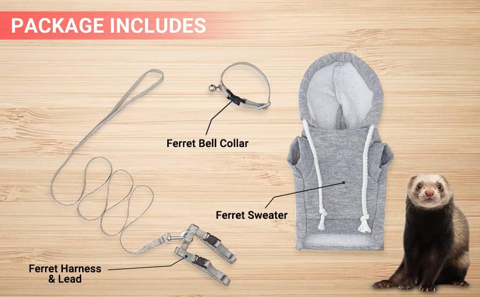 Gray Ferret Sweater, Harness, and Leash Set - Clothes for Small Pets - Ferret Stuff and Accessories - Hoodies for Ferrets - Small Pet Accessories