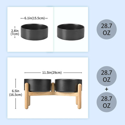 SPUNKYJUNKY Ceramics Raised Dog Bowls with Wooden Stand - Elevated Dog Feeding Set (Double 28.7OZ, Black)