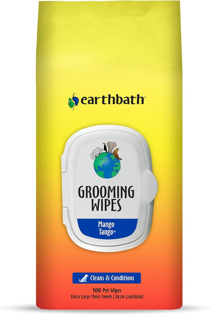 earthbath, Mango Tango Grooming Wipes - Dog Wipes for Paws and Butt, Best Pet Wipes for Dogs & Cats, Made in USA, Cruelty-Free Dog Cleaning Wipes, Removes Dirt & Dander - 100 Count (1 Pack)