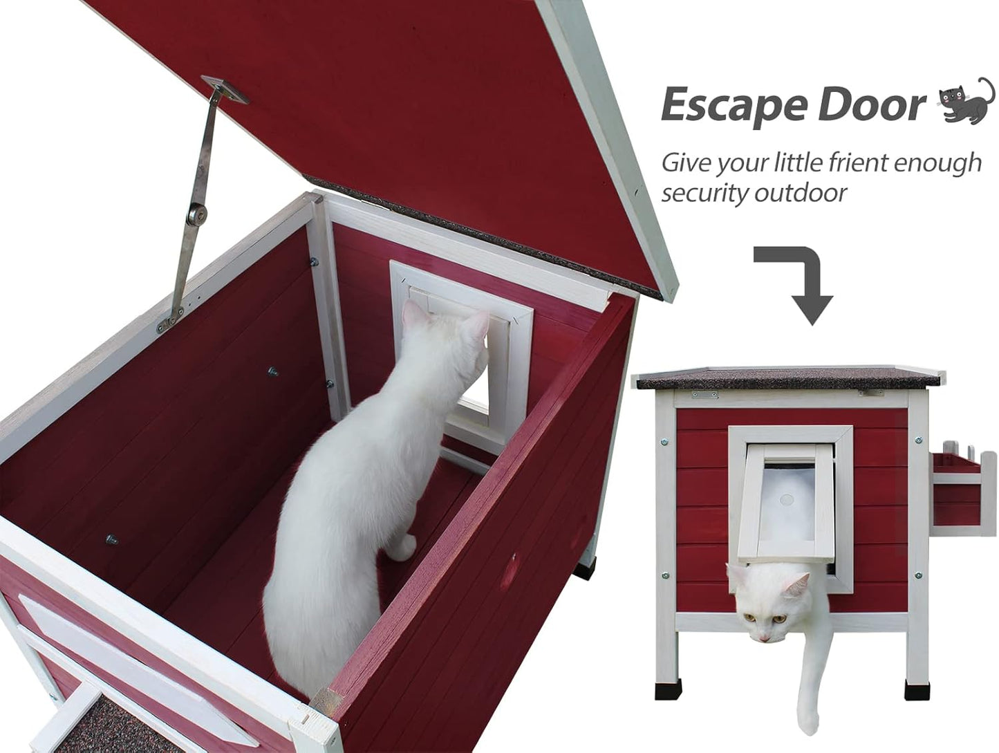 Rockever Outdoor Cat House, Large Outdoor Houses for Feral Cats Wooden Outside Cat Shelter Weatherproof with Escape Door-Red