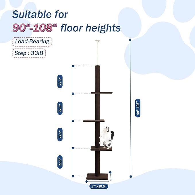 Max & Marlow Cat Tree Floor to Ceiling Cat Tower Height 95-108" Adjustable Kitten Tree Tall Climbing Tree with Carpet Scratching Post and Mat Cat Pole for Indoor Cats,Dark Brown