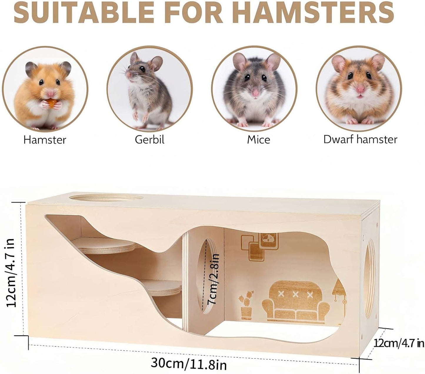 Marchul Hamster Hideout Wooden House Chamber Small Animals Pets Tunnel Exploring Toys for Dwarf Hamsters, Syrian Hamsters, Gerbils, Hedgehogs, Rats, Mice (Living Room)