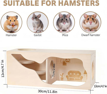 Marchul Hamster Hideout Wooden House Chamber Small Animals Pets Tunnel Exploring Toys for Dwarf Hamsters, Syrian Hamsters, Gerbils, Hedgehogs, Rats, Mice (Living Room)