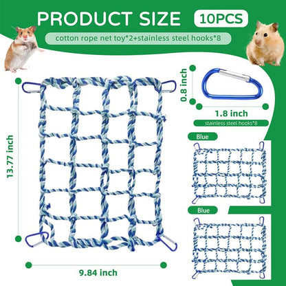 2 Pcs Rat Climbing Ropes for Cage - Rat Accessories - 12.6 x 9.84 inch Hammock - Cotton Rope Bridge - Bird Ladder with 4 Silver Hooks (Blue)