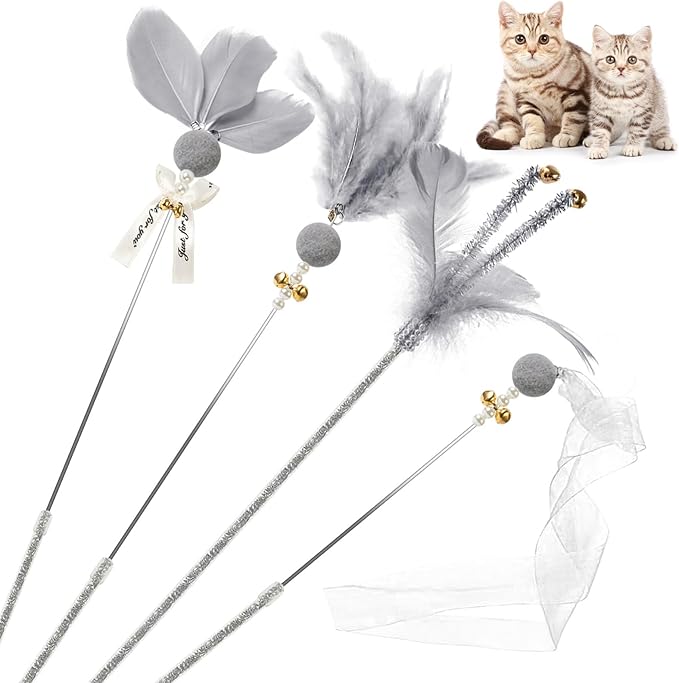 Interactive Cat Toys - 4-in-1 Cat Teaser Wand Toy and Feather Toys Refills for Indoor Cats to Chase and Exercise Design for Large and Small Cats
