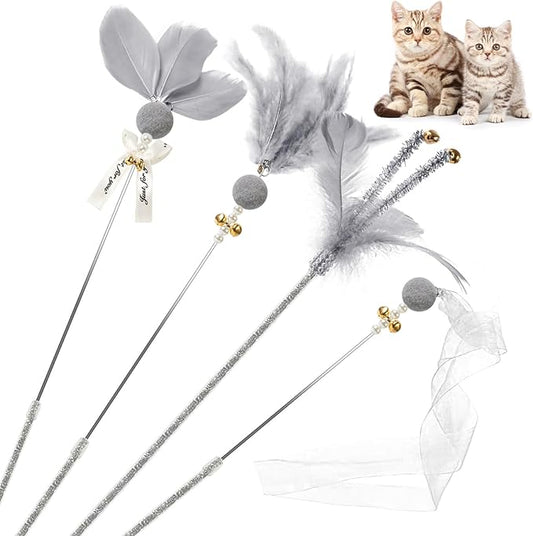 Interactive Cat Toys - 4-in-1 Cat Teaser Wand Toy and Feather Toys Refills for Indoor Cats to Chase and Exercise Design for Large and Small Cats