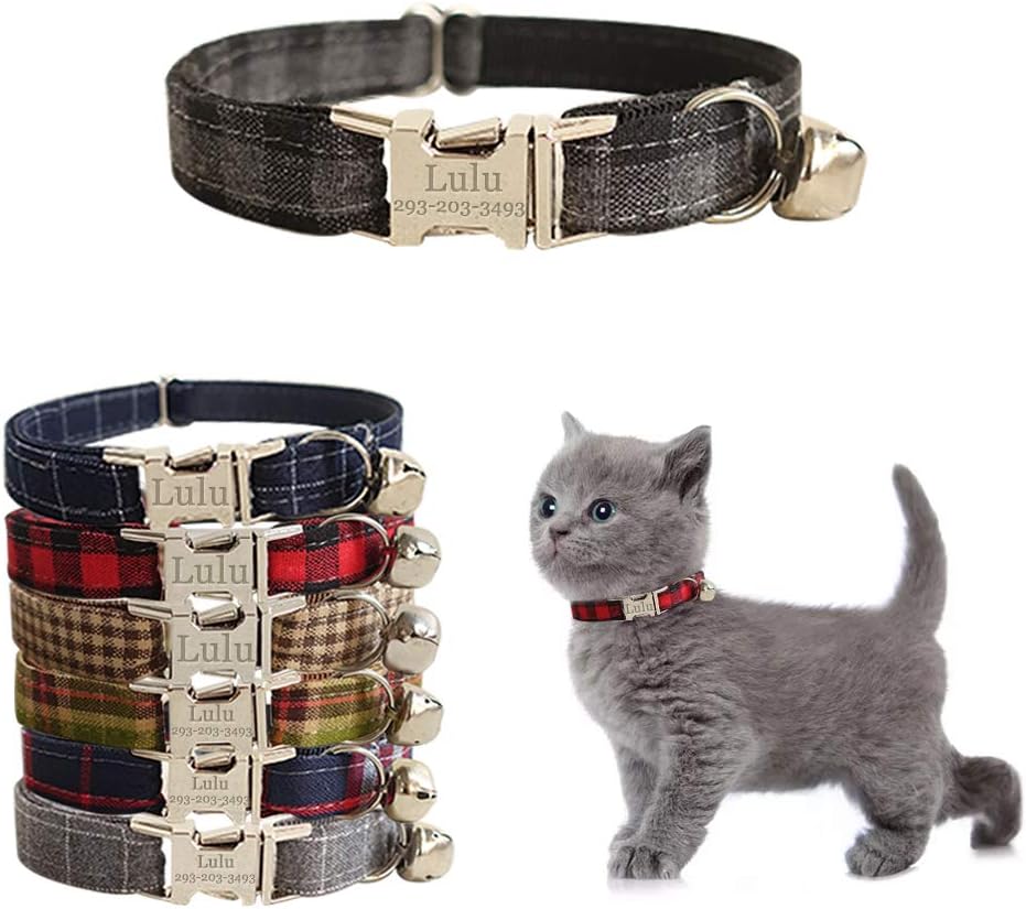 Personalized Cat Collar with Name Plate,Adjustable Tough Nylon Cat ID Collars with Bell,Customize Engraved Pet Name and Phone Number (Plaid Style B)