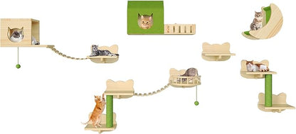 DWVO Cat Wall Shelves and Perches for Wall, Solid Wood Wall Mounted Cat Furniture, Set of 14 Cats Climbing Shelves for Large Cats with Green Wall House & Fence, Steps, Bridge Ladder, Scratching Posts
