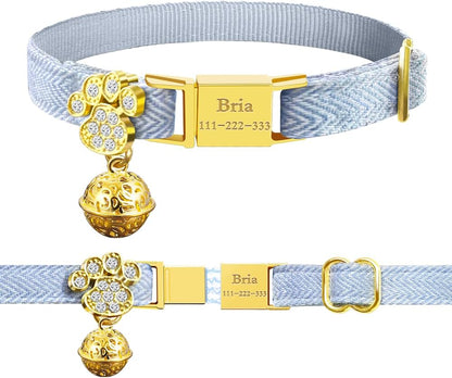 Personalized Breakaway Cat Collars - Magnetic Buckle, Bell - Safety Quick Release, Customized for Girls & Boys Cats- (Herringbone-Sky Blue)