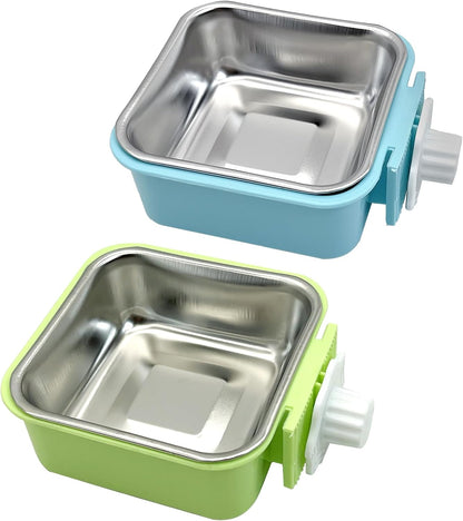 kathson Crate Dog Bowl, Removable Stainless Steel Hanging Pet Kennel Cage Bowl Food & Water Feeder Coop Cup for Puppy, Cat, Rabbit, Guinea Pigs 2pcs Small Square(Blue, Green)