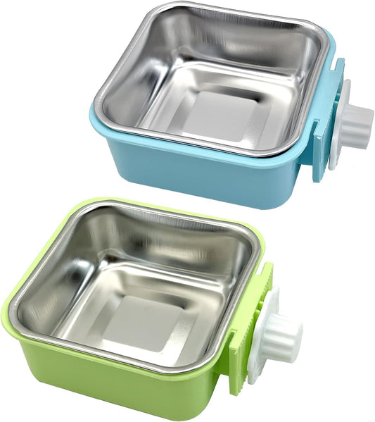 kathson Crate Dog Bowl, Removable Stainless Steel Hanging Pet Kennel Cage Bowl Food & Water Feeder Coop Cup for Puppy, Cat, Rabbit, Guinea Pigs 2pcs Small Square(Blue, Green)