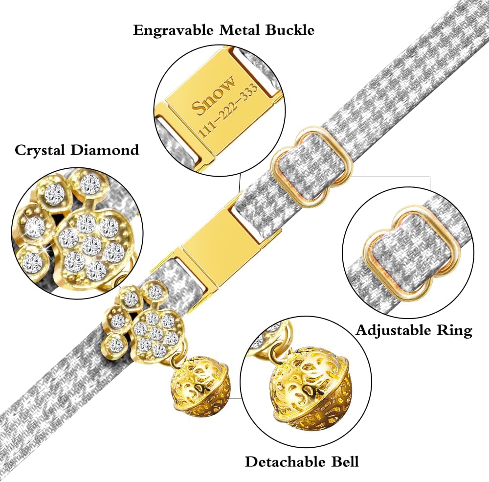 Personalized Breakaway Cat Collars - Magnetic Buckle, Bell - Safety Quick Release, Customized for Girls & Boys Cats- (Houndstooth-Grey)